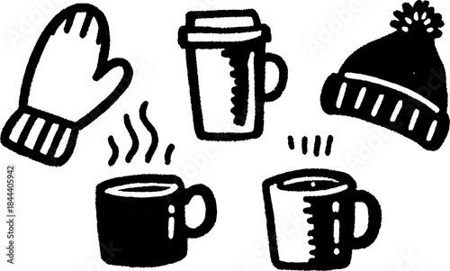 Cozy winter accessories including a glove and beanie, alongside steaming mugs of coffee. Simple black vector illustration set.