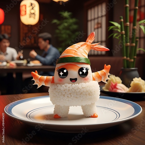 Adorable Shrimp Sushi Character on Plate in Restaurant Setting.