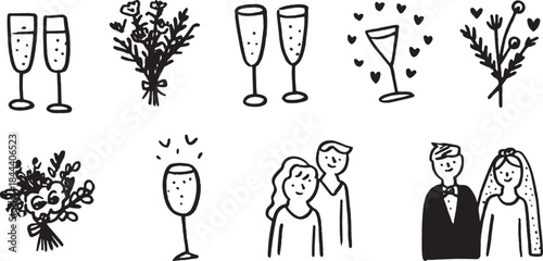Couple celebrating with champagne glasses. Simple black and white vector illustration of wedding elements, including bouquet and hearts.
