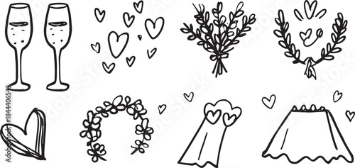 Wedding-related elements: glasses, hearts, bouquet, dress, and cake in a flat style. Simple vector illustration for celebration themes.