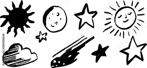 Sun, moon, stars, and clouds in a hand-drawn style. Black outline vector illustration in a whimsical design set.