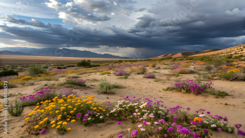 Colorful wildflowers blooming in a dry desert landscape after rain, dramatic sky, rare nature moment