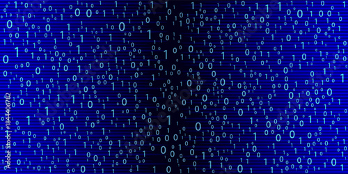 Blue Binary Data Software Programming Code Background. Random Parts of Program Code. Digital Data Technology Concept. 1 0 Machine Code. Random Binary Data Matrix Wide Vector Illustration.