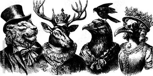 Vintage illustration of animals in elegant costumes. Detailed vector set featuring a lion, deer, bird, and crow in a classic artistic style.