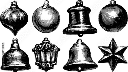 Vintage bell ornaments in various designs. Illustrated set features shiny surfaces and intricate details, perfect for festive vector illustration.
