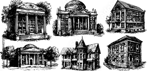 Antique engravings of historical buildings showcased in a vintage style. Detailed vector illustration set features architectural elements.