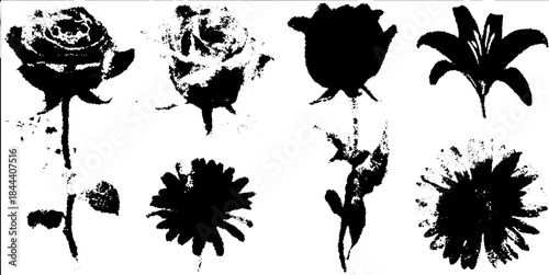 Silhouetted flowers including roses, lilies, and daisies. Simple vector illustration set on a white background.