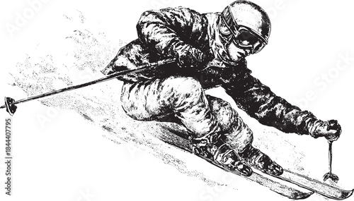Skier descending a steep mountain slope in silhouette. Black and white vector illustration showcasing winter sports.