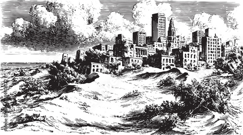 City silhouette over coastal sand landscape. Black and white vector illustration depicting clouds and waves in a scenic drawing set.