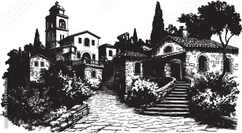 Charming village architecture in black and white. Detailed vector illustration of stone buildings and a pathway in a scenic outdoor setting.