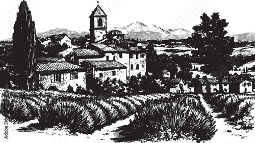 Black and white landscape illustration of a village with buildings, trees, and a church set against mountains. Detailed texture in a vintage vector illustration.