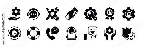 Customer support with gear, handshake, like, and shield for service and business communication for presentation project