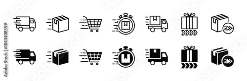 Delivery express service icons vector set for fast shipping and transport truck box cart timer.