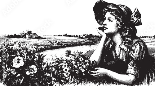 Vintage engraving of a woman in a hat among flowers in a field. Classic black and white vector illustration depicting outdoor scenery.