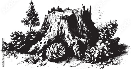 Vintage black and white vector illustration of a tree stump with pinecones. Detailed artwork showcasing natural elements in a scenic outdoor set.
