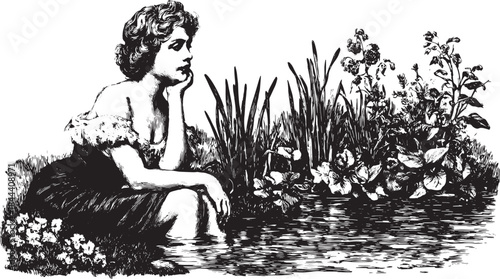Vintage black and white illustration of a woman sitting by a pond surrounded by flowers. This classic vector art captures a serene scene.