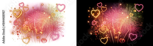 Romantic fireworks display with heart shapes and bright pink red and golden starburst light patterns

