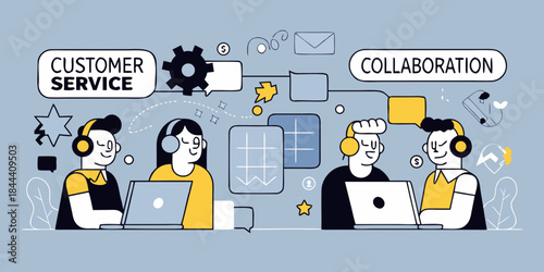 Team collaboration and customer service illustrated with people working on laptops