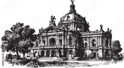 Baroque opera house in black and white ink drawing. Detailed vintage illustration with elegant architecture in a vector style.