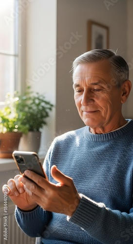 Senior Man Engaged with Smartphone at Home.