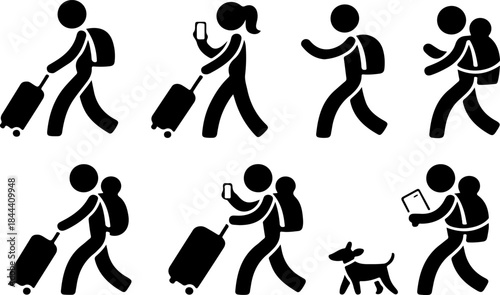 stick figures people walking with luggage and dog