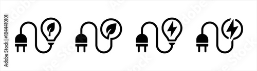 Eco green energy lightbulb with leaf and power plug vector icons sustainable resource renewable environment saving nature and ecology