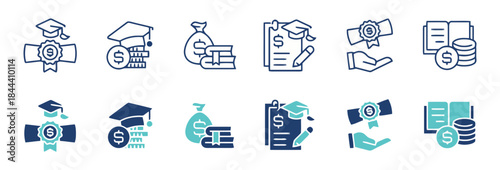 Education and Finance Icons Set Graduation Cap Money Bag and Diploma