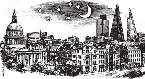 Detailed ink illustration of a nighttime city skyline featuring buildings, a moon, and stars. This vector illustration captures classic architecture in a striking view.