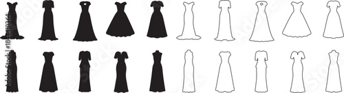 Set of Various Women's Dress Styles: Black Silhouettes and Outline Vector Illustrations isolated PNG with Transparent Background