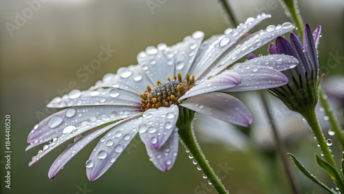 daisy with dew drops, Macro shot of a daisy with raindrops, soft overcast light, details