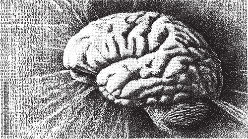 Digital brain illustration featuring binary data patterns. This monochrome vector set showcases structural elements and a tech-oriented theme.
