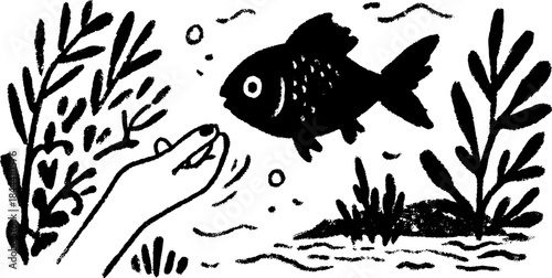 Fish swimming near a hand in a black and white vector illustration. Simple aquatic design depicting underwater life.