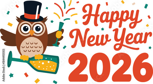 Cute owl character in a top hat celebrates Happy New Year 2026