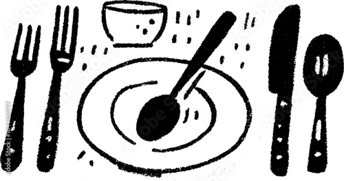 A set of a plate, spoon, fork, and knife. Simple black and white vector illustration depicting dining tableware design.