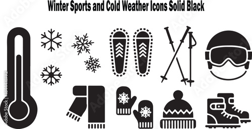 Solid Black Icons for Winter Sports and Cold Weather Activities