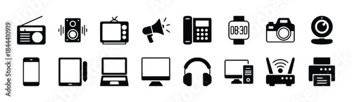 Electronics and digital devices in black and white line art featuring radio, speakers, tv, telephone