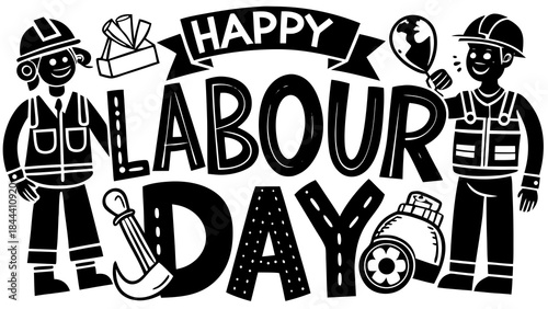 Happy labor day celebration with cartoon workers holding tools and symbols of work and global unity in a festive doodle style
