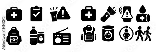 Emergency preparedness kit icons for disaster survival safety and first aid supply