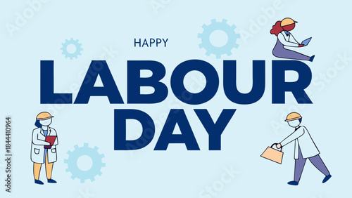 Happy labor day greeting card with diverse workers and gears symbolizing industry and teamwork