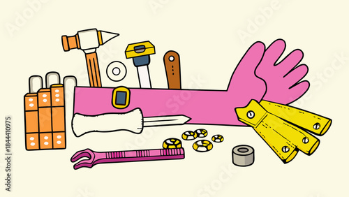 A whimsical cartoon illustration of various tools and building materials arranged around a pink glove and pink arm