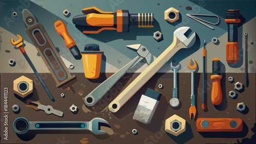 A collection of various tools and hardware including wrenches screwdrivers a hammer and nuts scattered on a textured surface