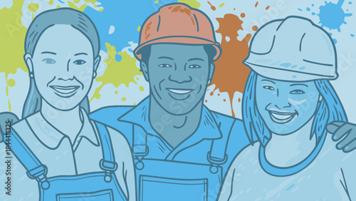 Diverse team of construction workers smiling and posing together with colorful paint splatters in the background