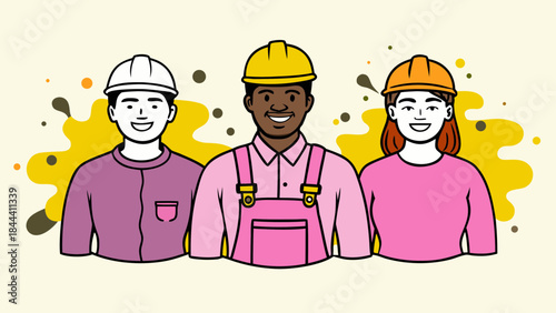Diverse team of construction workers smiling together wearing hard hats and work clothes representing teamwork and collaboration in the industry