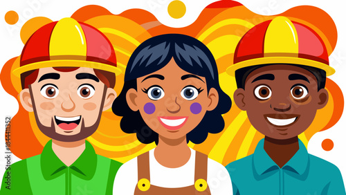 Diverse group of three smiling cartoon people wearing hard hats and work clothes against a vibrant orange and yellow abstract background