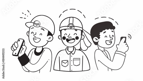 Three happy cartoon boys wearing hats and holding smartphones engaged with technology and communication in a fun simple line art style
