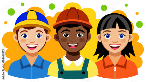 Diverse group of smiling children wearing work uniforms and hats representing different professions and cultures