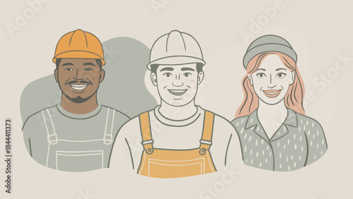 Diverse team of three smiling construction workers wearing hard hats and overalls representing teamwork and skilled labor in a modern illustration style
