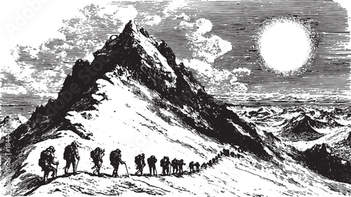 Silhouetted hikers climbing a steep snowy mountain ridge. Vintage vector illustration depicting outdoor adventure and scenic exploration.
