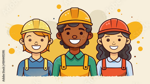 Diverse construction workers smiling and wearing hard hats and overalls representing teamwork and unity in the industry