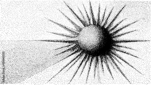 Sun graphic with rays in geometric style. Monochrome vector illustration with a dotted pattern and abstract design elements.